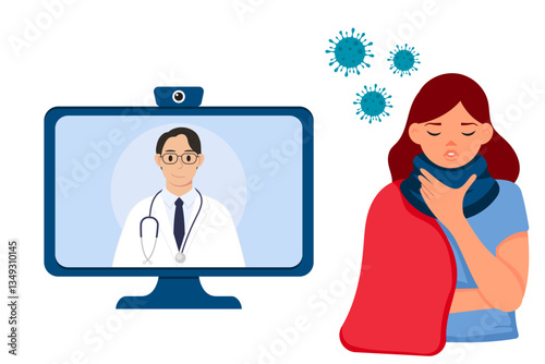 Doctor consulting a patient with a flu virus on video call. Remote communication with a doctor. Vector illustration.