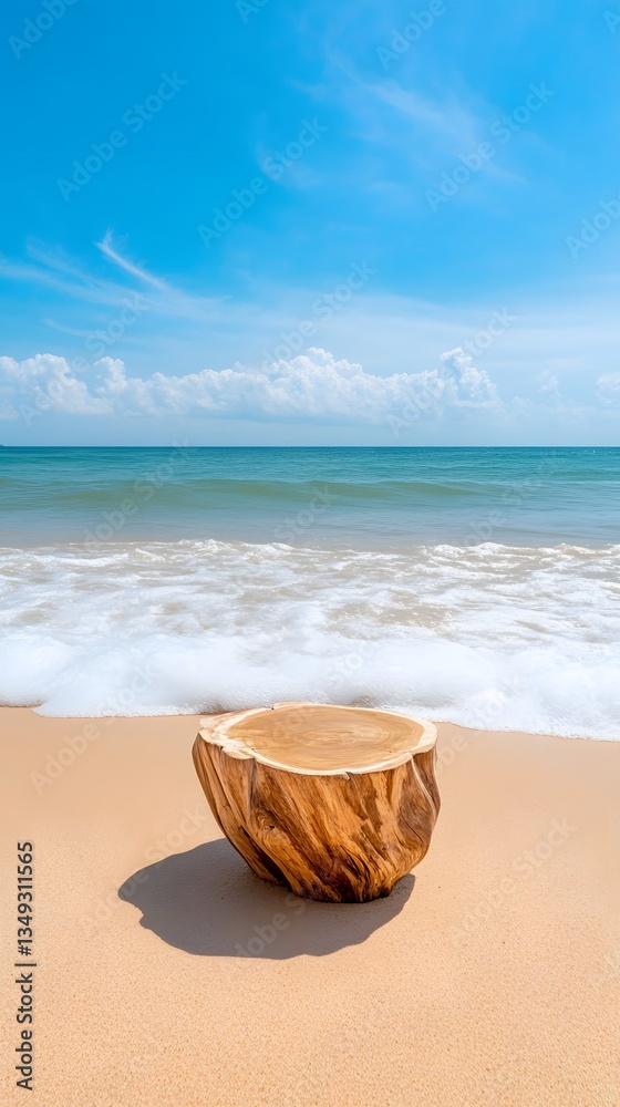 A podium crafted from polished driftwood, placed on a serene beach with gentle waves washing over the shore. A podium crafted from polished driftwood, placed on a serene beach with gentle waves washing over the shore.
