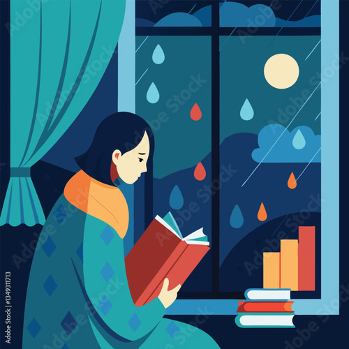 A cozy illustration of a person reading by the window during a peaceful rainy night.