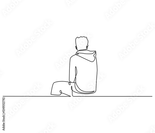 Continuous one line drawing of sad man sitting alone. Single line drawing illustration of thinking man. Man sitting alone concept vector art. Doodle line illustration.