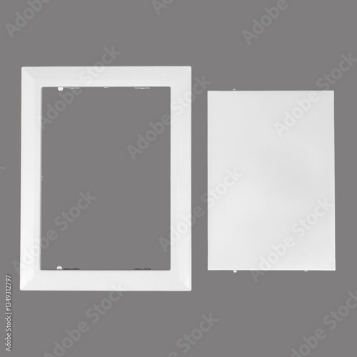 White plastic hatch on a gray background. Rectangular shape.