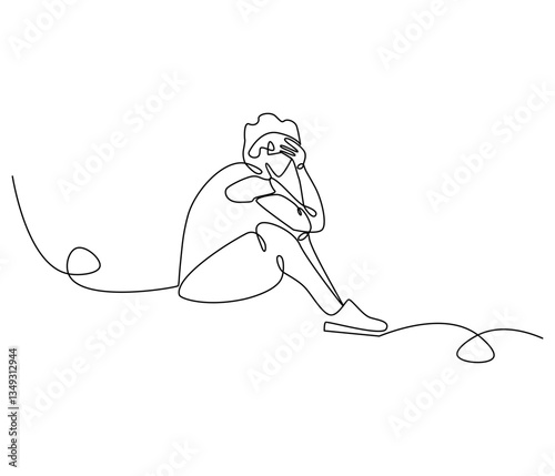Continuous one line drawing of sad man sitting alone. Single line drawing illustration of thinking man. Man sitting alone concept vector art. Doodle line illustration.