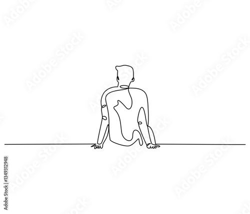 Continuous one line drawing of sad man sitting alone. Single line drawing illustration of thinking man. Man sitting alone concept vector art. Doodle line illustration.