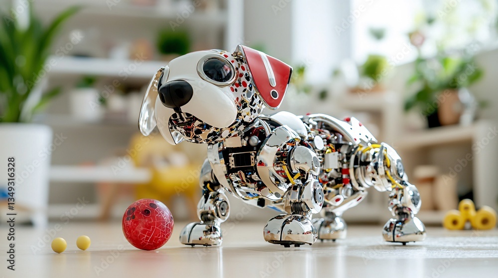 Naklejka premium Playful Robot Dog with Colorful Design in Modern Living Room Setting Surrounded by Toys and Plants