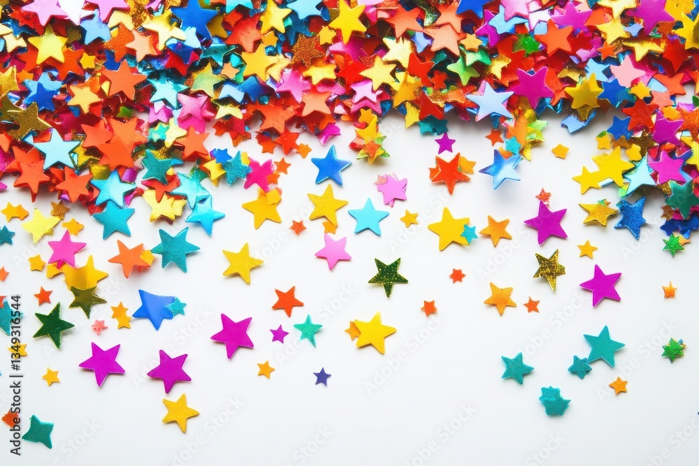 A vibrant display of colorful star shaped confetti scattered on a white surface creating a festive scene A vibrant display of colorful star shaped confetti scattered on a white surface creating a festive scene