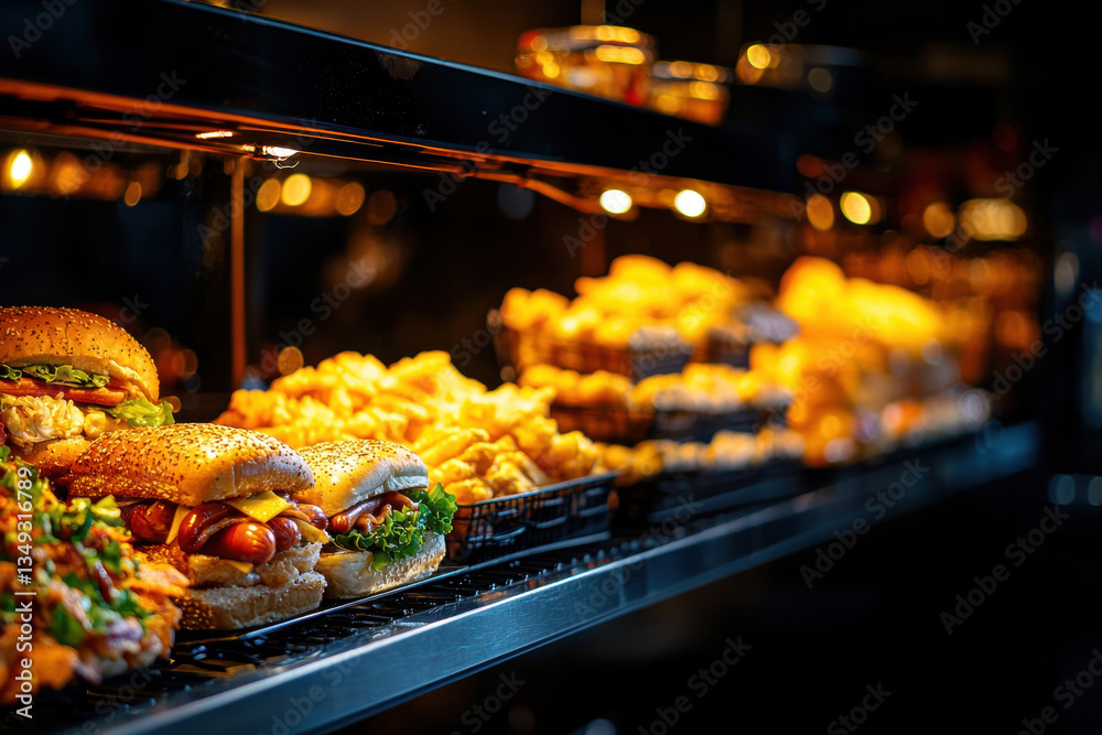 Delicious sandwiches and crispy fries displayed in warm, inviting food warmer Delicious sandwiches and crispy fries displayed in warm, inviting food warmer