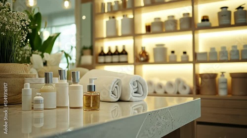 Elegant Spa Products and Soft Towels in Serene Atmosphere with Warm Lighting for Ultimate Relaxation and Skincare Wellness