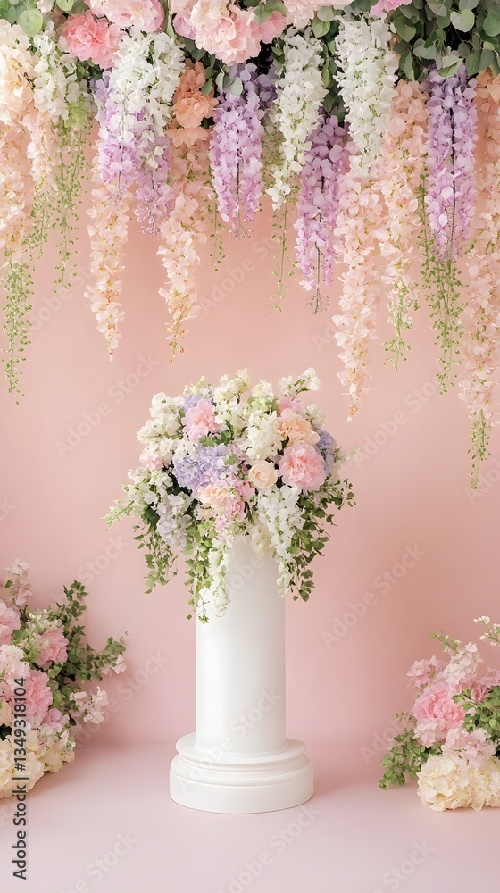 Obraz premium A podium adorned with cascading wisteria flowers, placed in a dreamy pastel-colored garden.