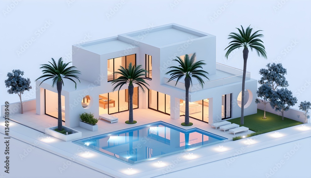 Fototapeta premium Modern luxury villa, minimalist architecture, white cubic structure, multi-level, floor-to-ceiling windows, warm interior lighting, swimming pool, palm trees, tropical landscaping