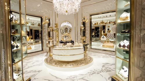 Elegant Boutique Interior with Luxury Handbags and Accessories, Featuring Gold Accents, Chandelier, and Marble Display for Sophisticated Shopping Experience.