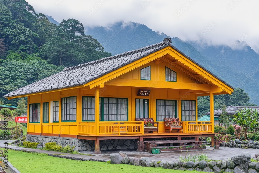 Vibrant yellow house nestled in a mountainous landscape Vibrant yellow house nestled in a mountainous landscape