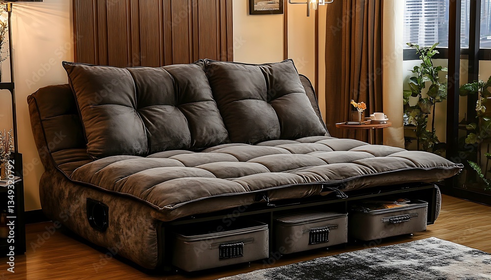 Fototapeta premium Gray Velvet Sectional Sofa with Storage in Modern Living Room