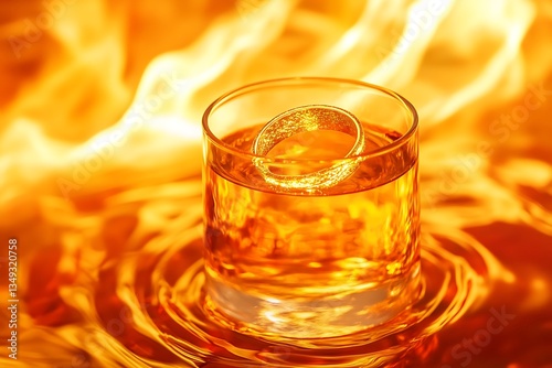 Golden Ring in a Glass of Whiskey Against a Fiery Background