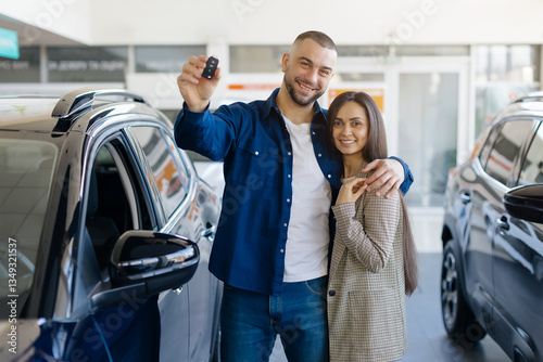 Happy Owners. Joyful Young Couple Posing With Car Keys In Hands In Dealership Center, Portrait Of Millennial Spouses Celebrating Buying New Automobile In Modern Showroom, Free Space