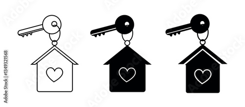 house and key. home with key and keychain. mortgage, real estate, investment, property concept.key chain with house locket png and vector illustration on transparent background