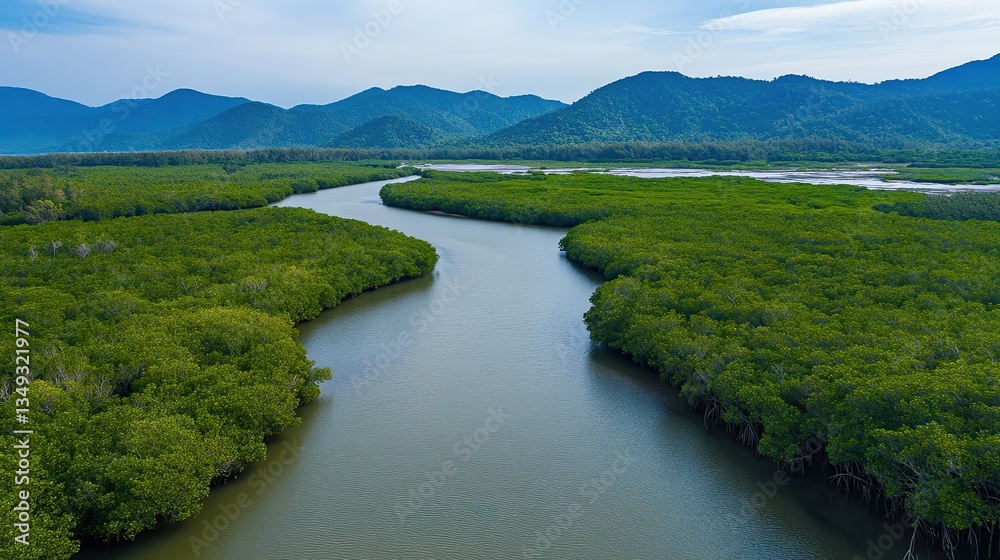 Expansive views of forests and mangroves with towering mountains in the background, featuring tranquil water and lush green, showing natural beauty and cultural heritage. Expansive views of forests and mangroves with towering mountains in the background, featuring tranquil water and lush green, showing natural beauty and cultural heritage.