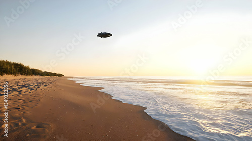 Aerial View Of Beach Shoreline And Ocean During Sunset With Golden Light And Clear Sky