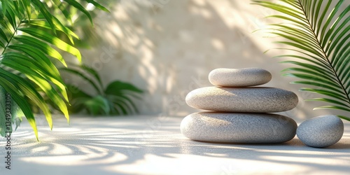 Decorative stones arranged harmoniously in a tranquil indoor setting surrounded by lush green plants
