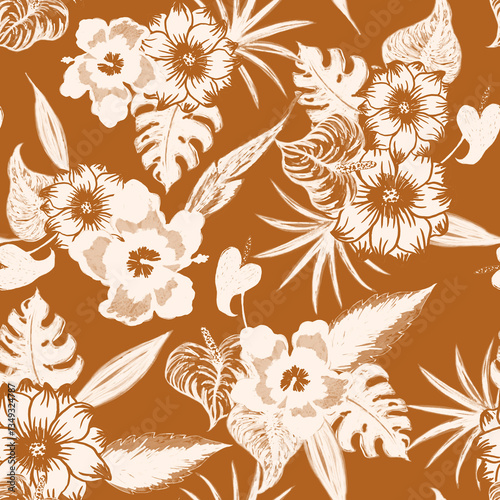 Tropical pattern, floral, leaves. Digital print in Repeat (rapport), Resolution 300 DPI, ideal for fashion, decoration and stationery.