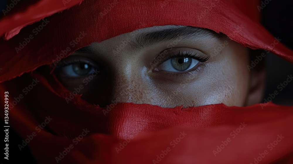 Close-up portrait of a woman with red fabric draped over face, revealing eyes Close-up portrait of a woman with red fabric draped over face, revealing eyes