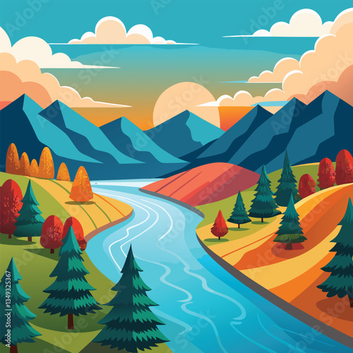 Vibrant Autumn Landscape Illustration Serene River Flows Through Mountain Valley at Golden Sunset.