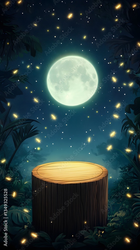 A wooden podium intertwined with glowing fireflies, placed in a moonlit jungle clearing.