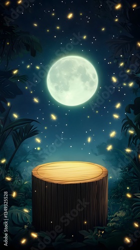 Obraz na płótnie A wooden podium intertwined with glowing fireflies, placed in a moonlit jungle clearing. w salonie