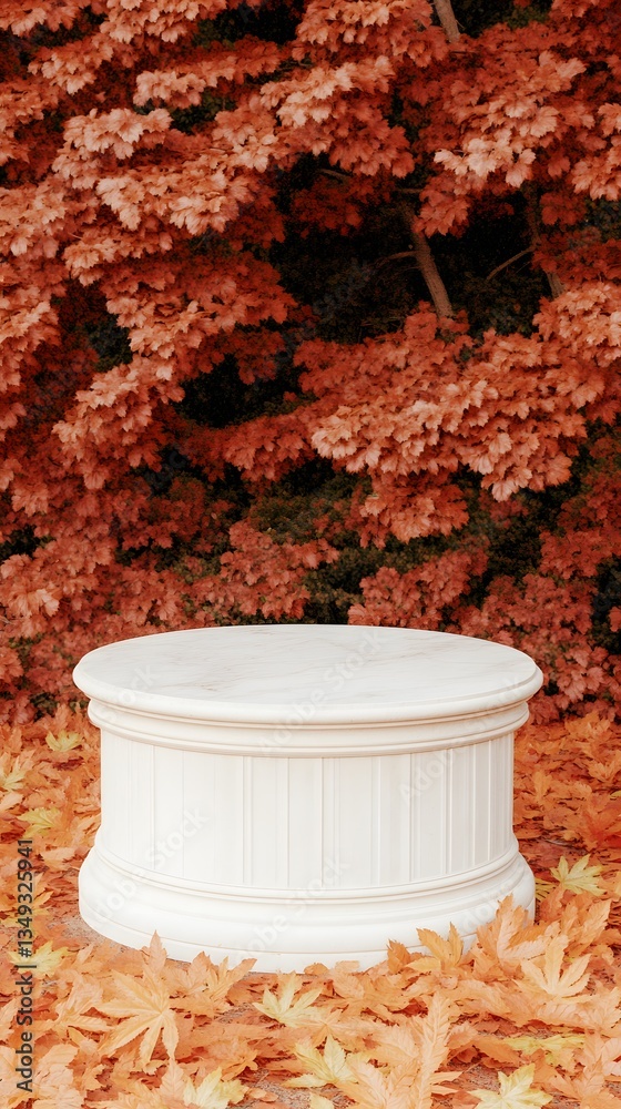 A podium made of white marble with golden leaf details, set in a peaceful autumn park with red and orange foliage.