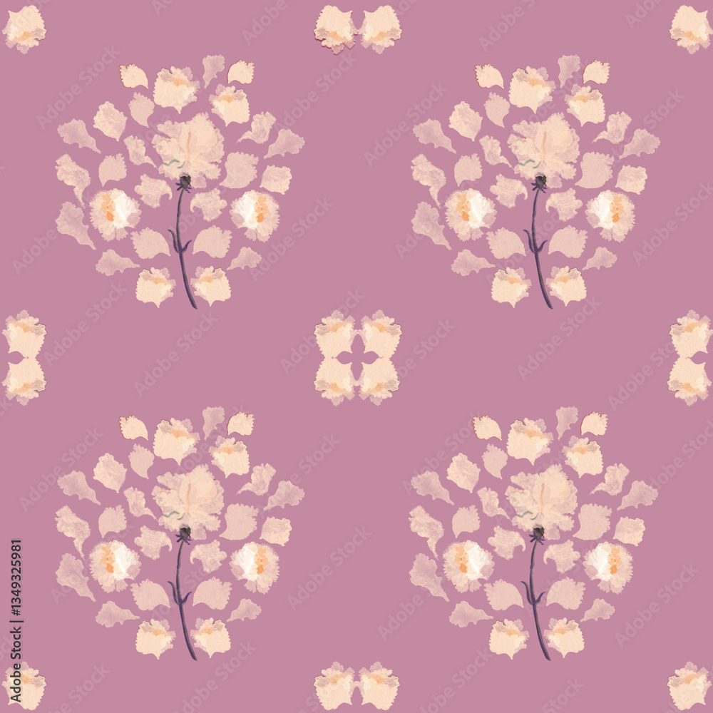 Fototapeta premium Floral spring wedding pattern. White lush flowers on powder pink lilac wallpaper background. Folk botanical composition. Beautiful delicate floral botany