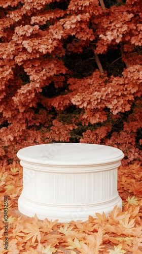 Obraz na płótnie A podium made of white marble with golden leaf details, set in a peaceful autumn park with red and orange foliage. w salonie