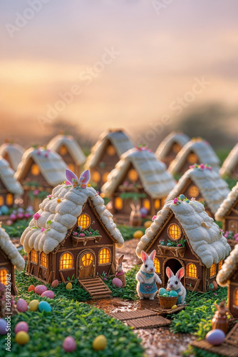 Villaggio in miniatura dei conigli pasquali costruito con i dolci e le uova di Pasqua