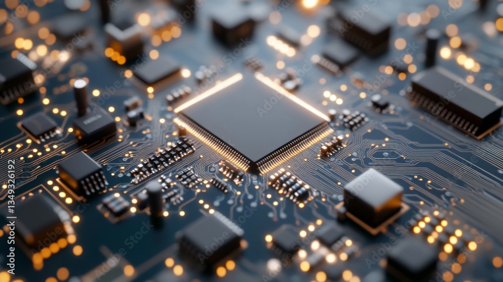 a close-up view of a computer circuit board with glowing components. a close-up view of a computer circuit board with glowing components.