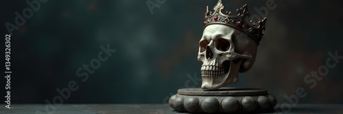Dark regal grim skull with ornate crown atop worn stone pedestal, darkness, gothic, relic