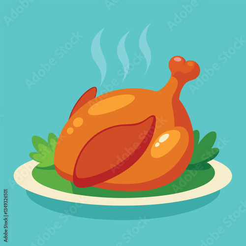 Cartoon Roasted Turkey on Plate Thanksgiving Food Illustration