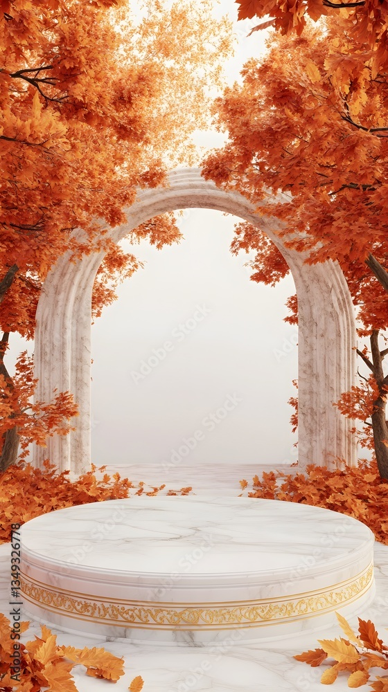 A podium made of white marble with golden leaf details, set in a peaceful autumn park with red and orange foliage.