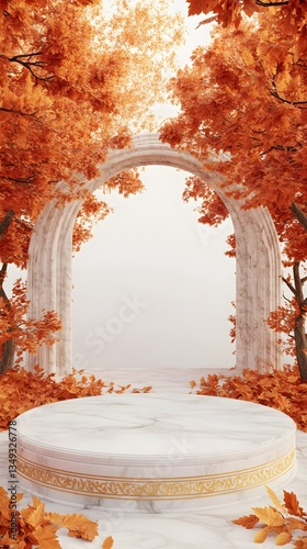 Obraz na płótnie A podium made of white marble with golden leaf details, set in a peaceful autumn park with red and orange foliage. w salonie