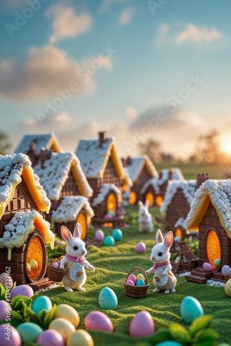 Villaggio in miniatura dei conigli pasquali costruito con i dolci e le uova di Pasqua