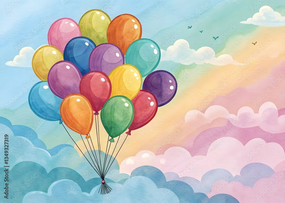 Bunch of bright balloons and space for text against color background. Bunch of bright balloons and gifts. bright balloons