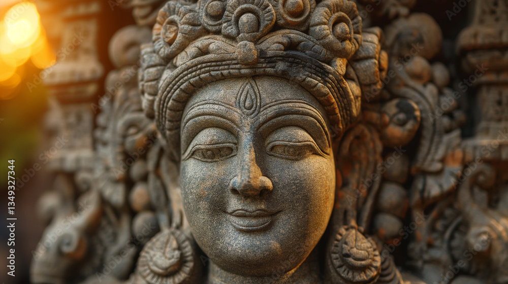 Ancient religious figure carved in stone with intricate details and warm lighting Ancient religious figure carved in stone with intricate details and warm lighting