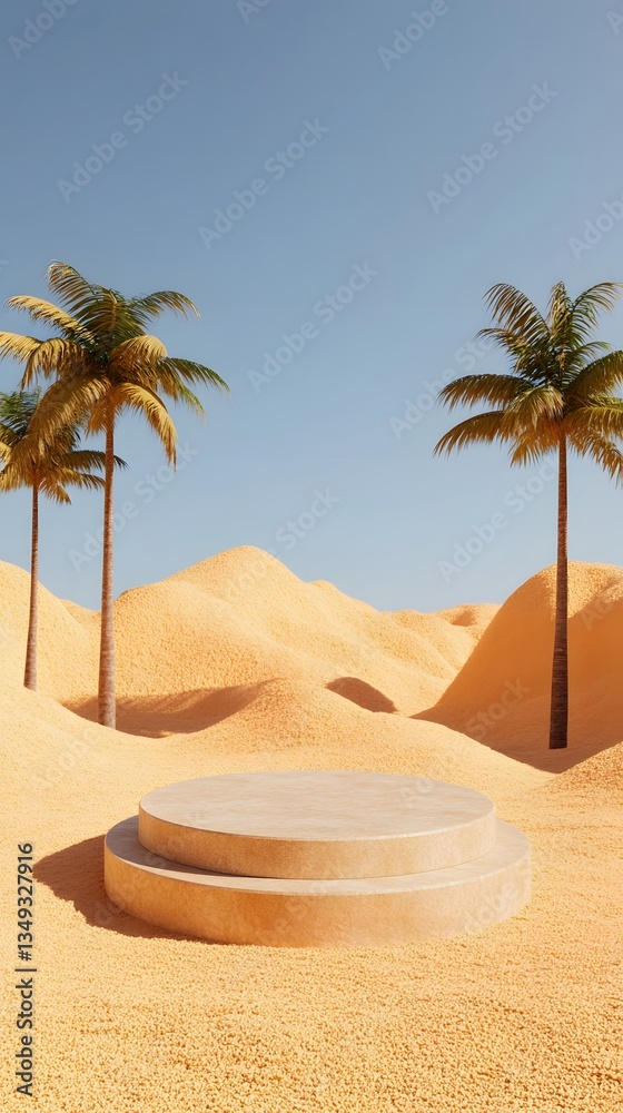 A podium crafted from sandstone, standing in the middle of a golden desert oasis with palm trees.
