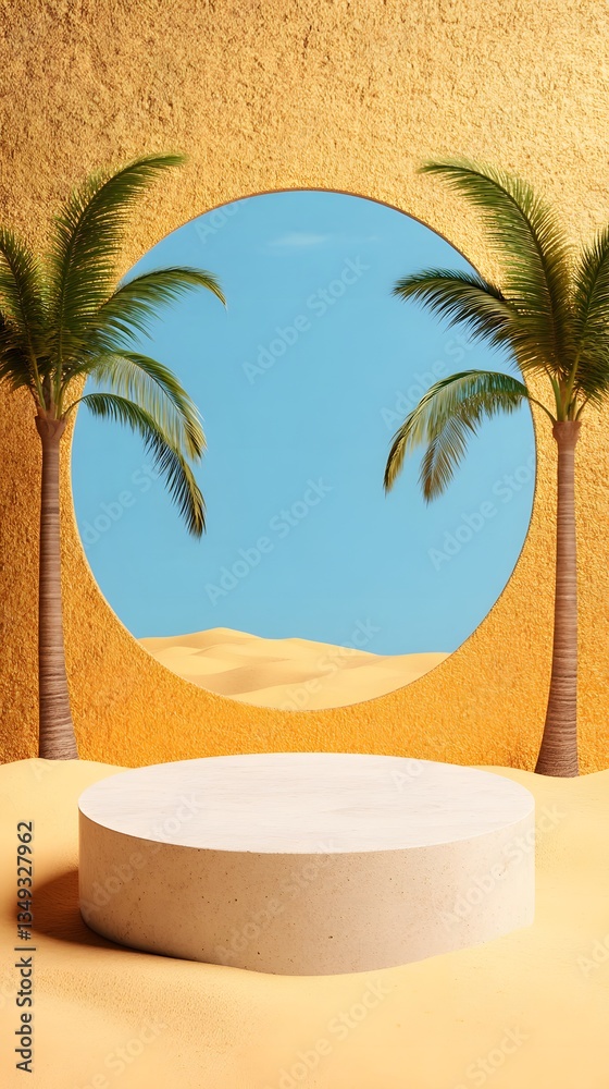 A podium crafted from sandstone, standing in the middle of a golden desert oasis with palm trees.
