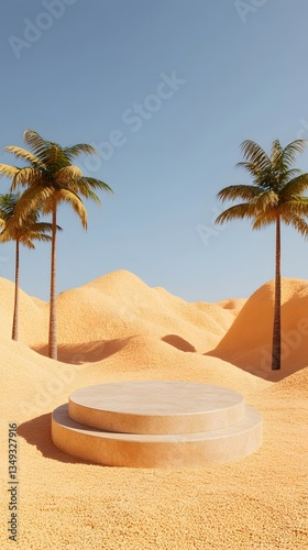 Obraz na płótnie A podium crafted from sandstone, standing in the middle of a golden desert oasis with palm trees. w salonie