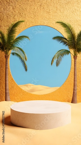 Obraz na płótnie A podium crafted from sandstone, standing in the middle of a golden desert oasis with palm trees. w salonie
