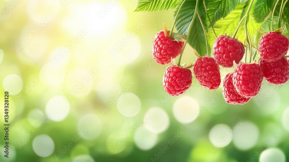 Cluster of fresh red raspberries hanging from a branch, bathed in golden sunlight with a soft green background Cluster of fresh red raspberries hanging from a branch, bathed in golden sunlight with a soft green background