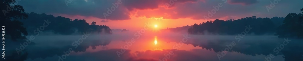 Fototapeta premium Foggy mist rises over the river as an eerie sunrise peeks through dark clouds, peaceful, ominous, serene