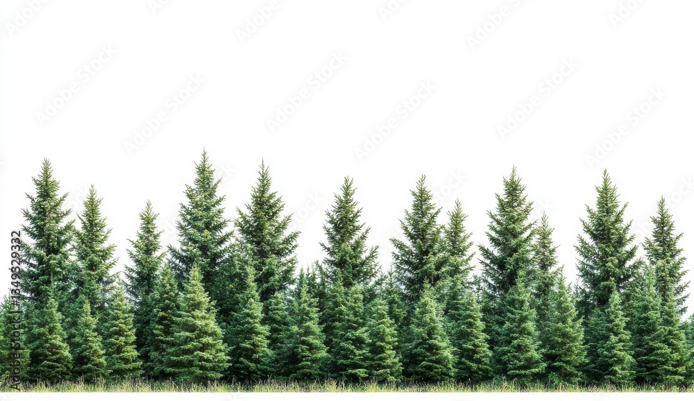 Lush Green Evergreen Trees in a Row Against White Background Lush Green Evergreen Trees in a Row Against White Background