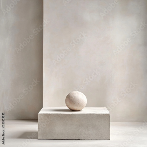 Minimalist sculpture on pedestal against soft textured background  