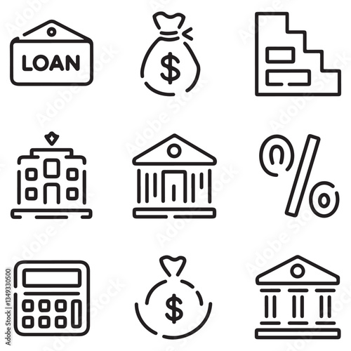 Loan of web icons in style. Loan and Credit linear icon collection. Containing loan, money, credit rating, business, leasing, interest, calculator, income, banking and more.