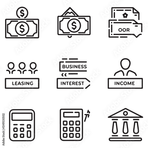 Loan of web icons in style. Loan and Credit linear icon collection. Containing loan, money, credit rating, business, leasing, interest, calculator, income, banking and more.