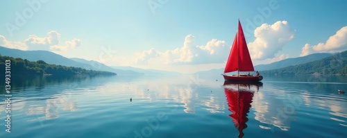 Large lake with a red sailboat on the horizon, water, lake, landscape